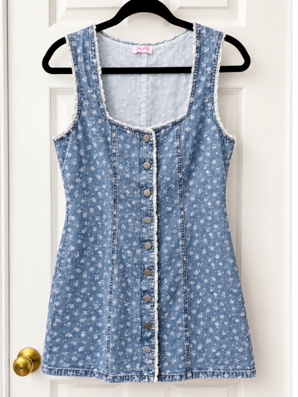 Pink Lily Light Blue Floral Denim Button-Front Mini Dress